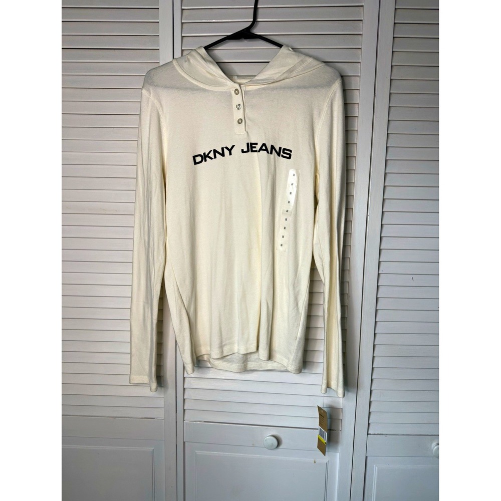 DKNY Jeans Women's M NWT Cream Hooded Henley Long Sleeve 100% Cotton Logo Top
